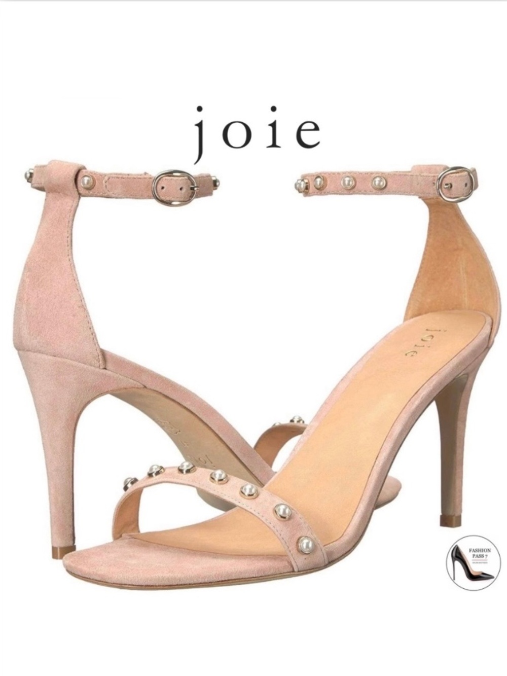 JOIE ALANA Peach Blush Pink Suede Pearl Stud Ankle Strap Stiletto Heel Sandals